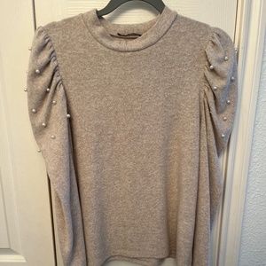Beige Sweater with Pearl Puff Sleeves